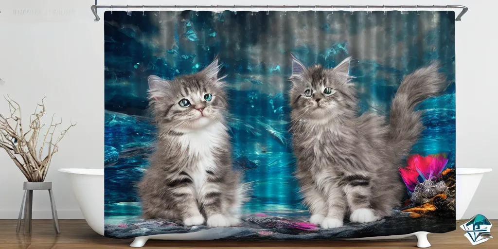 Prompt: a main coon kitten little mermaid shower curtain, product photography. 4 k, highly detailed.