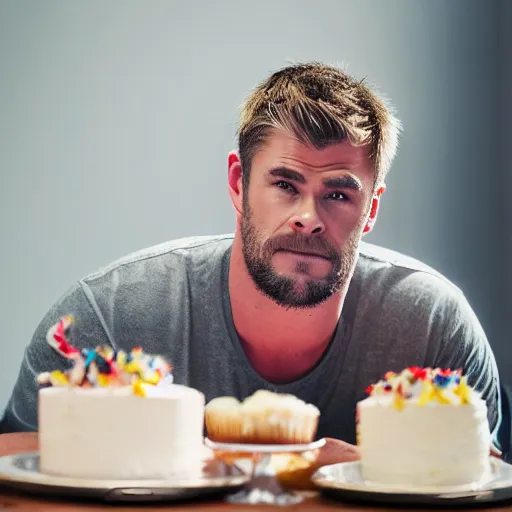 Prompt: Obese Chris Hemsworth eating cake, XF IQ4, 150MP, 50mm, F1.4, ISO 200, 1/160s, natural light