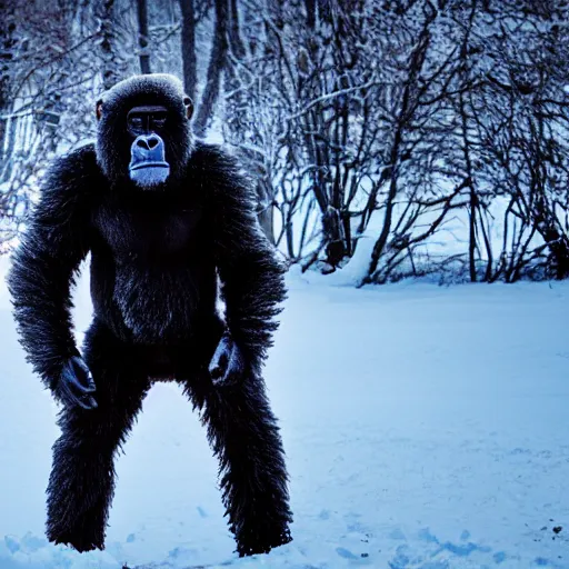 Prompt: A photo of Walter White in New Hampshire wearing a gorilla suit in the snow, cinematic lighting