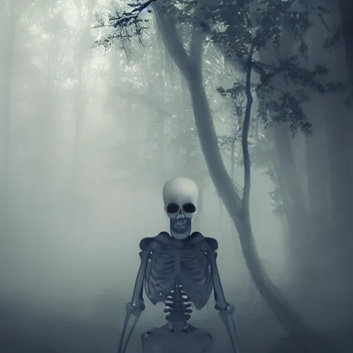 Prompt: a spooky skeleton, LSD, stylish, cool, low light, misty forest, mood lighting, cgsociety