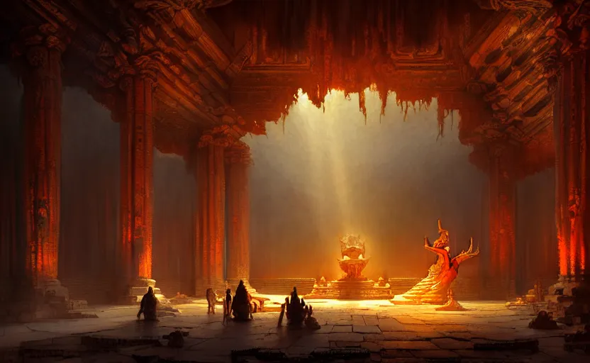 Prompt: The interior of an mytical and ancient temple dragons, in ruins, fire light, a ray of light, intricate, elegant, volumetric lighting, digital painting, highly detailed, artstation, sharp focus, illustration, concept art, ruan jia, steve mccurry