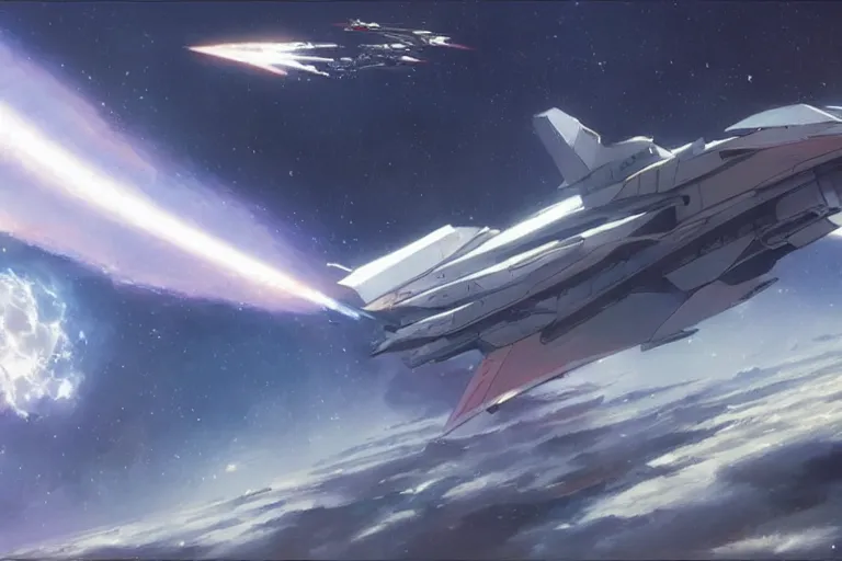 Prompt: 2 0 0 1 space odyssy space fighter jet in orbit by greg rutkowski makoto shinkai takashi takeuchi studio ghibli, akihiko yoshida