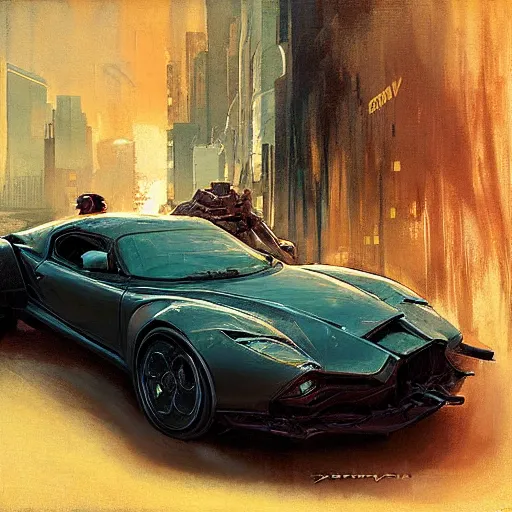 Image similar to cyberpunk car, intricate, elegant, highly detailed, greg manchess, mucha, liepke, ruan jia, jeffrey catherine jones, ridley scott