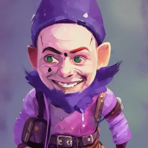 Image similar to male gnome youth adventurer with purple skin, by Ismail Inceoglu, wearing leather adventuring clothes, shabby, short, kid, bald, wielding knife, happy grin, character portrait closeup, digital art, dungeons and dragon, character