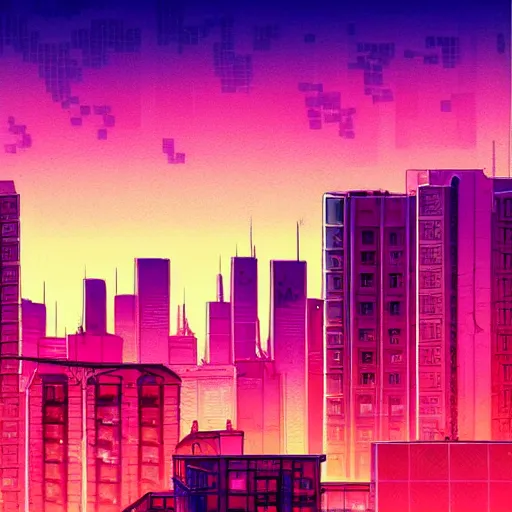 Image similar to synthwave urban grunge cityscape, studio ghibli style