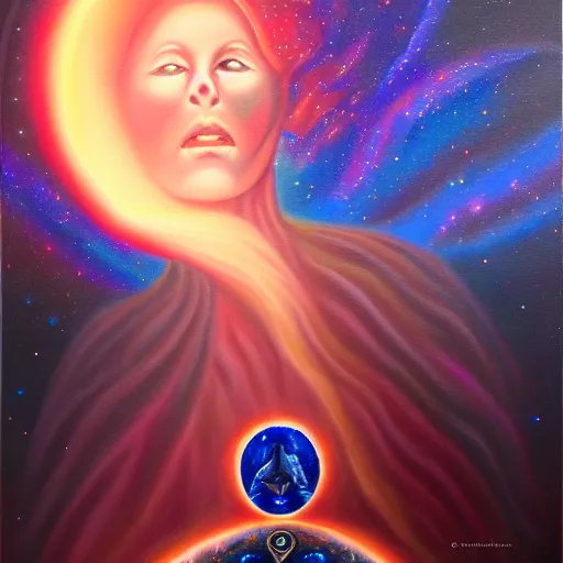 Image similar to facing the evil darkness galactic nebular astral realm sacred journey in oil painting, trending on artstation, award winning, emotional, highly detailed surrealist art