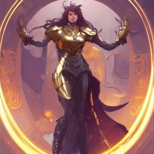 Image similar to a woman wearing a golden armor, full-body shot, digital painting, smooth, elegant, hd, art by WLOP and Artgerm and Greg Rutkowski and Alphonse Mucha