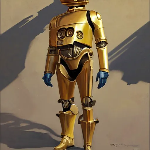 Image similar to greg manchess portrait painting of c 3 po as overwatch character, medium shot, asymmetrical, profile picture, organic painting, sunny day, matte painting, bold shapes, hard edges, street art, trending on artstation, by huang guangjian and gil elvgren and sachin teng