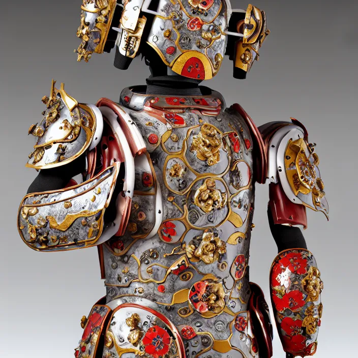 Prompt: ceramic cyborg, armor with Kakiemon design with plums and stylized flowers in glaze and gilding Edo period 1670–1690, diffuse lighting, fantasy, intricate, elegant, highly detailed, lifelike, photorealistic, digital painting, artstation, illustration, concept art, smooth, sharp focus, art by John Collier and Albert Aublet and Krenz Cushart and Artem Demura and Alphonse Mucha