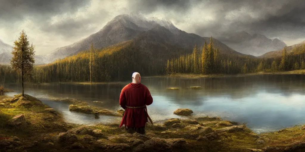 Prompt: beautiful landscape of small lake at midday with distant mountains and close - up of a bald symmetric man in medieval armor, ultra realistic, highly detailed, hd, sharp focus, cinematic lighting, realistic, vivid colors, gritty, matt painting, digital art, non blurry, sharp, artstation, concept art, smooth, illustration