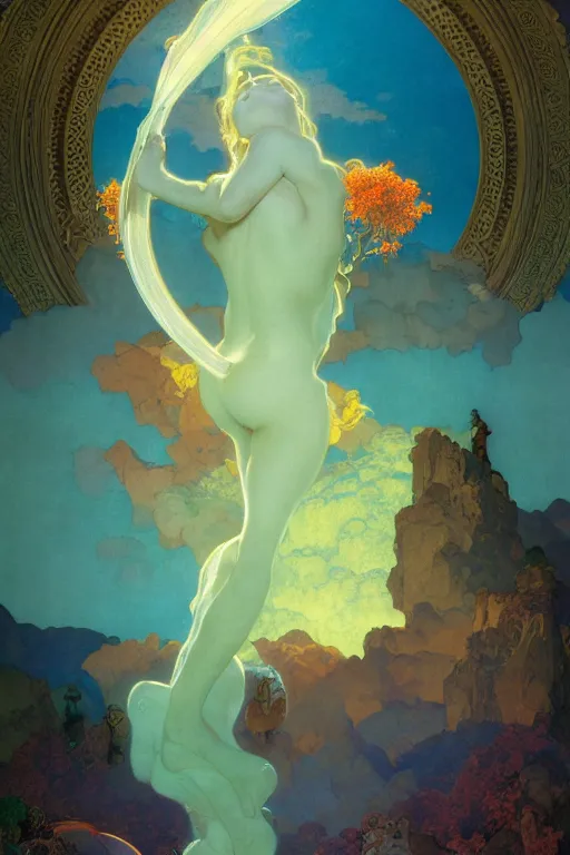 Prompt: the most beautiful painting in the world, by maxfield parrish, by gustave dore, by peter mohrbacher, by alphonse mucha, sharp focus, vivid color, rainbowshift, octane render, cgi, rule of thirds