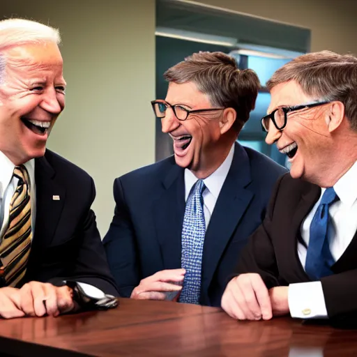 Prompt: stock photo of kim kardashian, joe biden, and bill gates wearing suits and ties laughing in an office building, 8k resolution, full HD, cinematic lighting, award winning, anatomically correct