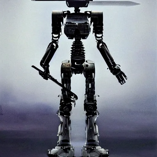 Prompt: a hyperrealistic magnificent robot holding a powerful sword, terminator, Terminator: Dark Fate, most beautiful image ever created, emotionally evocative, greatest art ever made, lifetime achievement magnum opus masterpiece, the most amazing breathtaking image with the deepest message ever painted, a thing of beauty beyond imagination or words