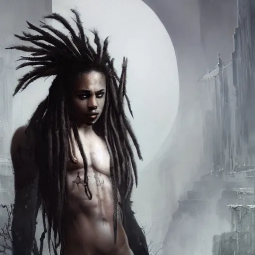 Image similar to michael ealy dreadlocks, darkwave, darksynth character portrait, sharp, digital matte painting, art by luis royo, greg rutkowski, wlop, dramatic lighting, trending on artstation