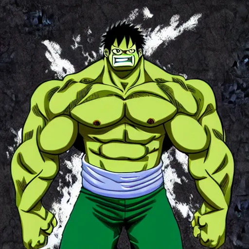 Prompt: the hulk in the style of one piece anime