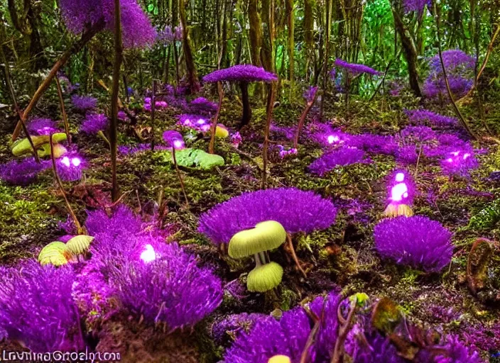 Image similar to glowing delicate flower and mushrooms that grow in fatansy forest on the planet Pandora,