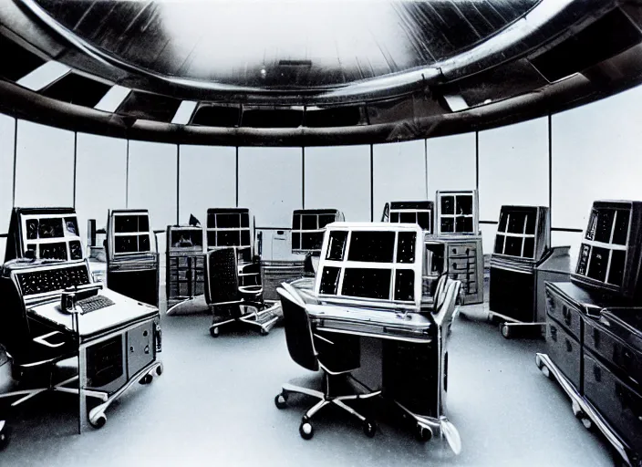 Image similar to realistic photo interior of the spacious chrome metal polished sci - fi medieval expensive room observatory scientific interior with dozens of computers and displays 1 9 9 0, life magazine reportage photo