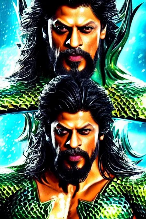 Image similar to Shah Rukh Khan as Aquaman, heroic, portrait, masculine figure, highly detailed, digital painting, artstation, concept art, smooth, sharp focus, illustration, cinematic lighting, art by artgerm and greg rutkowski and alphonse mucha