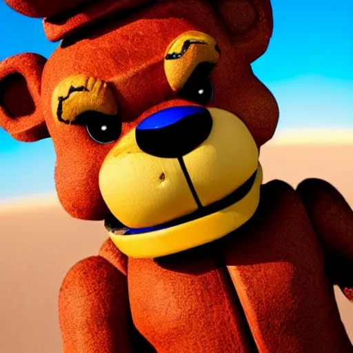 Image similar to Closeup of Freddy Fazbear in the Sahara desert, award winning Tarantino movie still, 35 mm, cinematic