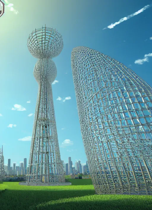 Image similar to highly detailed realistic architecture 3 d render of a stele shukhov tower with rouble icon inside standing in a city park, archdaily, made in unreal engine 4 octane render