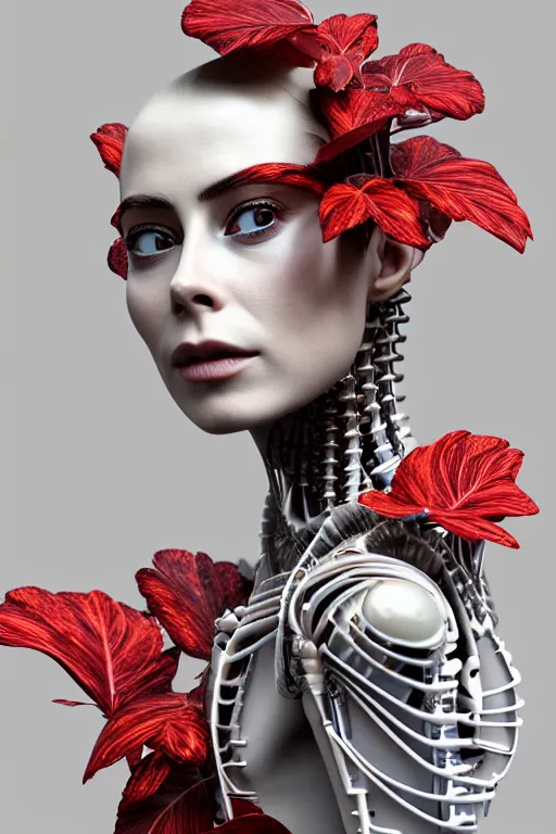 Prompt: complex 3d render ultra detailed of a beautiful porcelain profile lena meyer-landrutface, biomechanical cyborg, analog, 150 mm lens, beautiful natural soft rim light, big leaves and stems, roots, fine foliage lace, Dichroistic, blue, red details, massai warrior, Alexander Mcqueen high fashion haute couture, pearl earring, art nouveau fashion embroidered, steampunk, intricate details, mesh wire, mandelbrot fractal, anatomical, facial muscles, cable wires, microchip, elegant, hyper realistic, ultra detailed, octane render, H.R. Giger style, volumetric lighting, 8k post-production