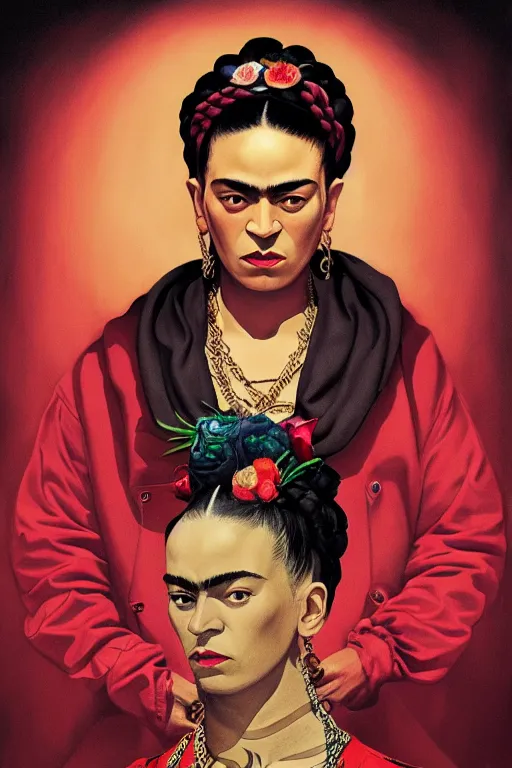 Image similar to rap album cover featuring frida kahlo wearing gangster thug outfit, staring directly into camera, intricate, elegant, dramatic lighting, highly detailed, digital painting, artstation, sharp focus, illustration, art by wlop, mars ravelo and greg rutkowski