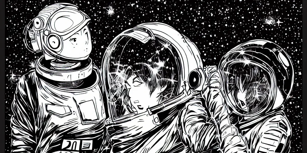 Image similar to manga portrait of a woman wearing a space helmet, akira toriyama, lineart, black and white, scifi, big clouds visible in the background, stars in the sky, high contrast, deep black tones