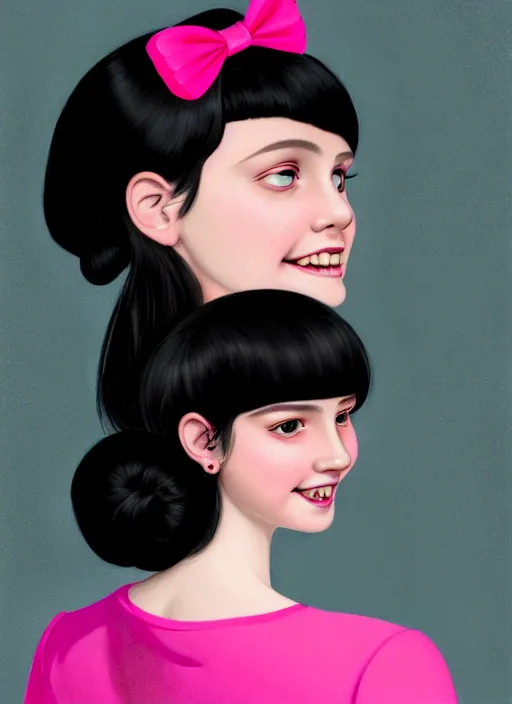 Image similar to portrait of high school girl, realistic, black hair, bangs, half updo hairstyle, pointy nose, skinny, smile, ugly, defined jawline, big chin, pink hair bow, earrings, intricate, elegant, glowing lights, highly detailed, digital painting, artstation, sharp focus, illustration, art by wlop, mars ravelo and greg rutkowski