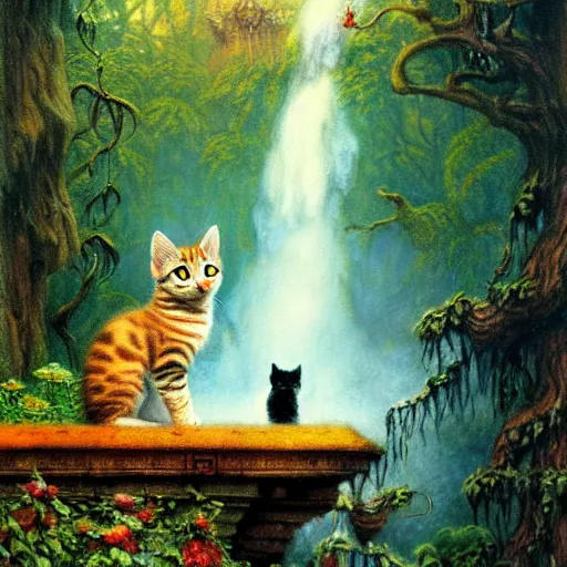 Image similar to painting of one kitten in the enchanted forest standing on the steps and watching the waterfall, fantasy, intricate, extremely detailed, matte, featured in artstation, art by louis wain, greg rutkowski, alan lee