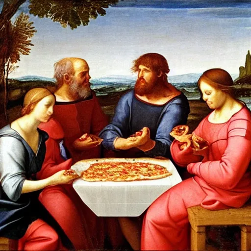 Image similar to renaissance painting of a group of people eating pizza