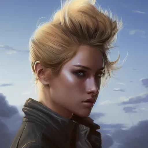 Image similar to hot looking blonde girl wearing jacket, light stubble, digital art, photorealistoc, art by greg rutkowski, hyperdetailed, western comic style, comic, comic style, sharp lineart, professional lighting, deviantart, artstation, trevor henderson, rossdtaws, cinematic, dramatic