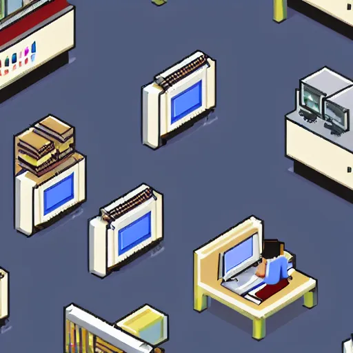 Image similar to a isometric office cute pixel art with computers 4 k detailed unity