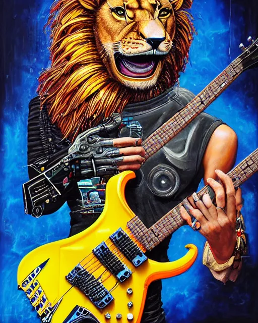 Image similar to a portrait of an anthropomorphic cyberpunk lion shredding an electric guitar as the guitar melts by sandra chevrier, by jon foster, detailed render, tape deck, epic composition, cybernetics, 4 k realistic, cryengine, realistic shaded lighting, sharp focus, masterpiece, by enki bilal