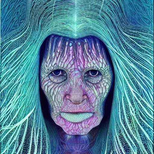 Image similar to dark underwater portrait of one Bioluminescent old woman, with cracked reaction diffusion semi-transparent skin. multicolored fish scales, face closeup. long dark hair. realistic. with many jellyfishes. intricate, very detailed, illustration, by alex grey and Moebius