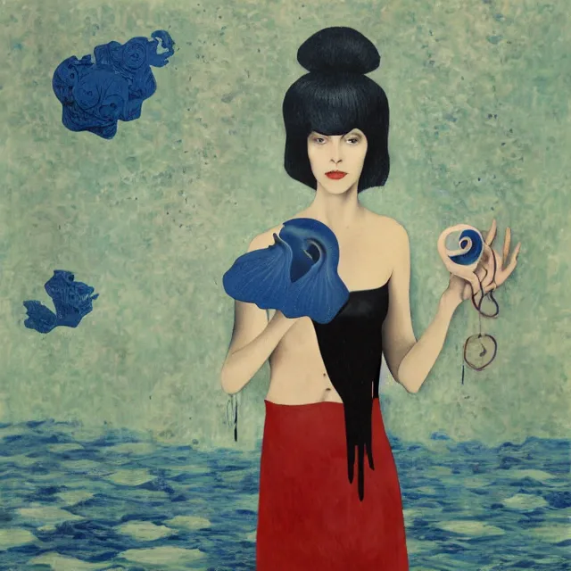 Image similar to tall emo female artist holding a blue starfish in her flooded kitchen, pomegranates, octopus, water gushing from ceiling, painting of flood waters inside an artist's apartment, a river flooding indoors, ikebana, zen, rapids, waterfall, black swans, canoe, berries, acrylic on canvas, surrealist, by magritte and monet