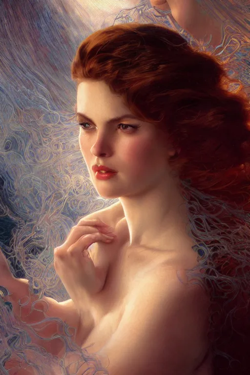 Prompt: realistic portrait of mata hair surrounded by veils, nge, dark fantasy, face closeup, intricate, highly detailed, digital painting, volumetric light, artstation, concept art, sharp focus, illustration, art by gil elvgren and greg rutkowski and luis royo, and alphonse mucha,