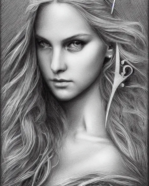 Prompt: pencil drawing of beautiful greek goddess aphrodite, bow and arrow, beautiful piercing eyes, flowing blonde hair, realistic face, hyper realistic, in the style of greg rutkowski, fantasy, amazing detail, epic, intricate, elegant, smooth, sharp focus