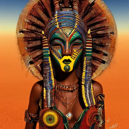 Image similar to a beautiful woman with an african mask, wearing an african dress, shaman, zulu, by alex gray and android jones, karol bak, ilya golitsyn, ayami kojima, amano, moebius, concept art, character design, fantasy, 3 d, 8 k resolution