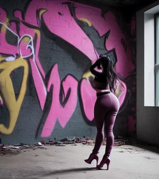 Image similar to kim kardashian doing a graffiti mural in a derelict room, dust, side-shot, pov from side, very tight tiktok leggings with a pink v neck top, mold, intricate, epic lighting, cinematic composition, hyper realistic, 8k resolution, unreal engine 5