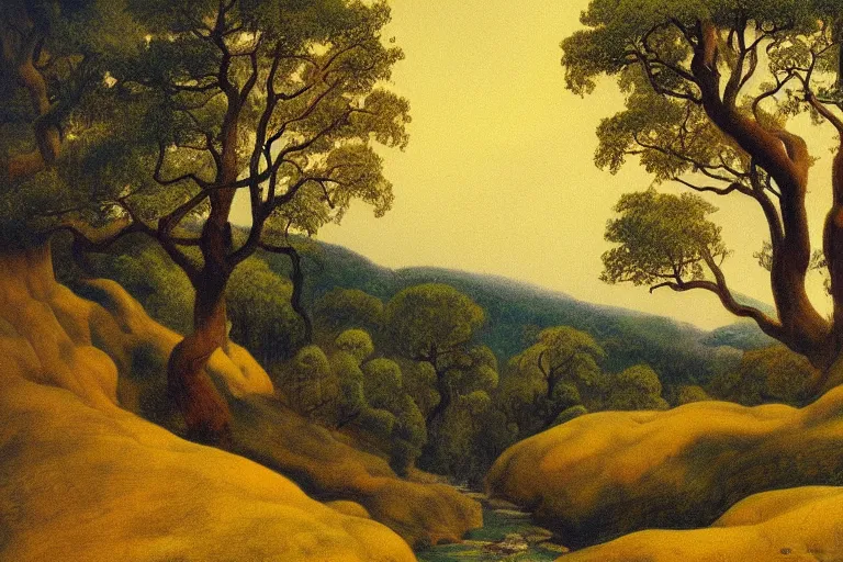 Prompt: masterpiece painting of oak trees on a hillside overlooking a creek, dramatic lighting, by gustaf tenggren