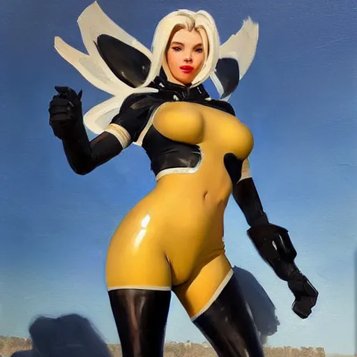 Image similar to greg manchess portrait painting of female wearing a latex suit as mercy from overwatch, medium shot, organic painting, sunny day, matte painting, bold shapes, hard edges, street art, trending on artstation, by huang guangjian and gil elvgren and sachin teng