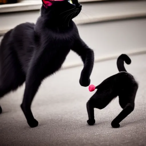 Prompt: a detailed professional photo of a black cat dancing, the cat has high heels on