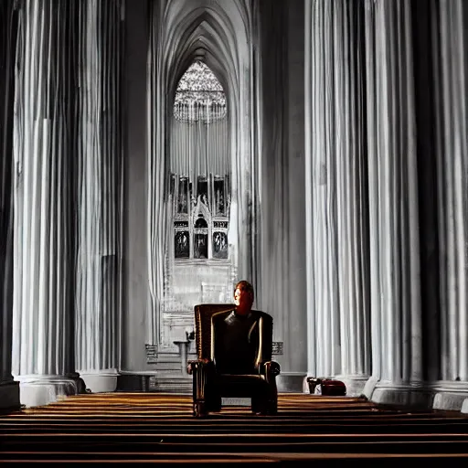 Prompt: man in large throne room of grand cathedral, sitting alone, shadows, fantasy, profile picture