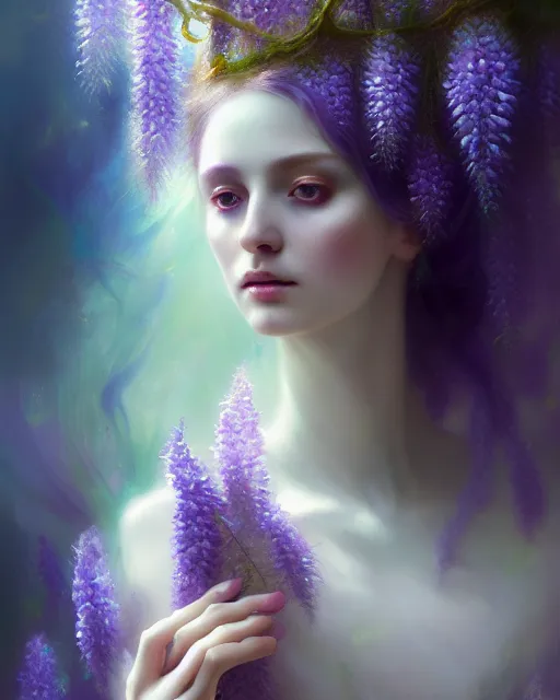 Image similar to Full View Portrait Mystical ethereal wisteria deity wearing beautiful dress, wisteria Dryad, 4k digital masterpiece by Anna dittman and Ruan Jia and Alberto Seveso, fantasycore, Hyperdetailed, realistic oil on linen, soft lighting, wisteria background, featured on Artstation