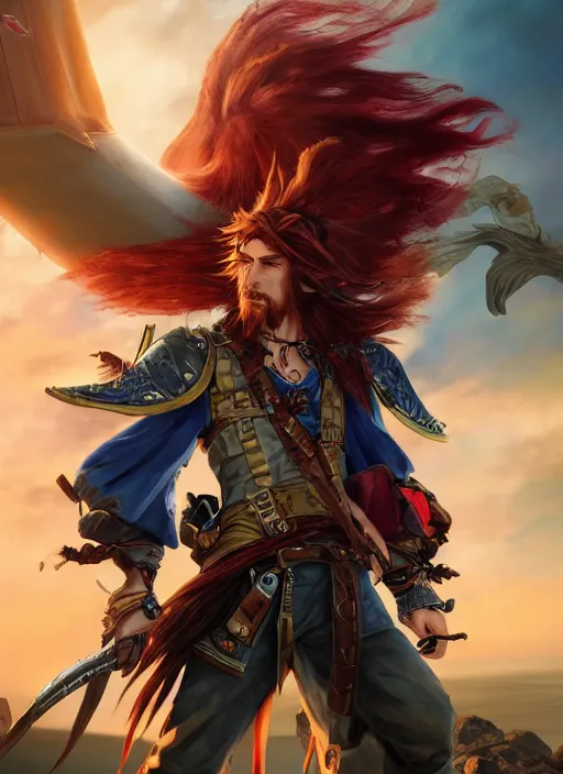 Prompt: An epic fantasy comic book style portrait painting of a long haired, red headed male sky-pirate in front of an airship yu-gi-oh style , unreal 5, DAZ, hyperrealistic, octane render, cosplay, RPG portrait, dynamic lighting