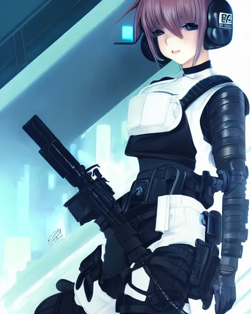 Image similar to 2 b, anime key visual of a young female swat officer, neon, cyberpunk, futuristic, white outfit, black swat vest, swat helmet, holding pdw, stunning, highly detailed, digital painting, smooth, soft focus, illustration, poster, japanese typography, digital art from artstation by artgerm and greg rutkowski and alphonse mucha