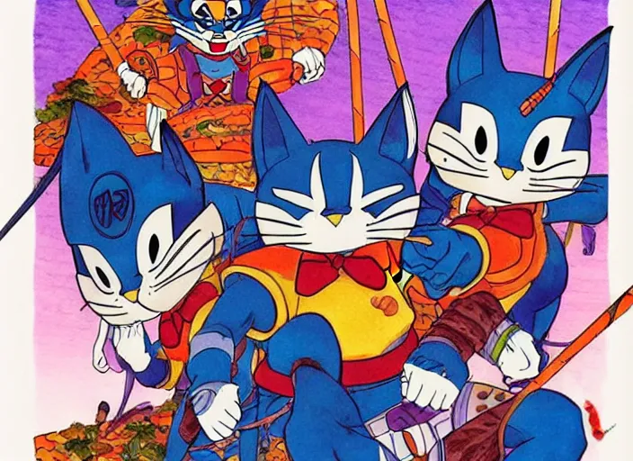 Image similar to samurai pizza cats, ink and watercolor illustration masterpiece, perfectly realistic yet surreal, by ryan ottley and mœbius and hayao miyazaki and akira toriyama