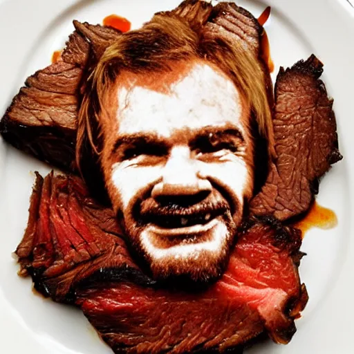 Image similar to chuck roast norris, food photo of chuck norris face in chuck roast