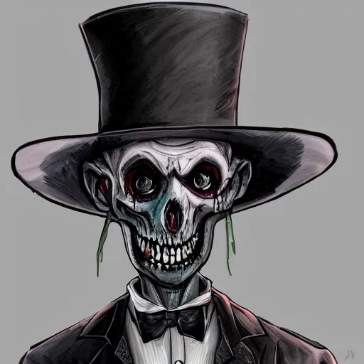 Image similar to undead, ghoul, zombie, top hat, tuxedo, concept art, character, digital painting, highly detailed, artstation, style kim jung gi, style junji ito