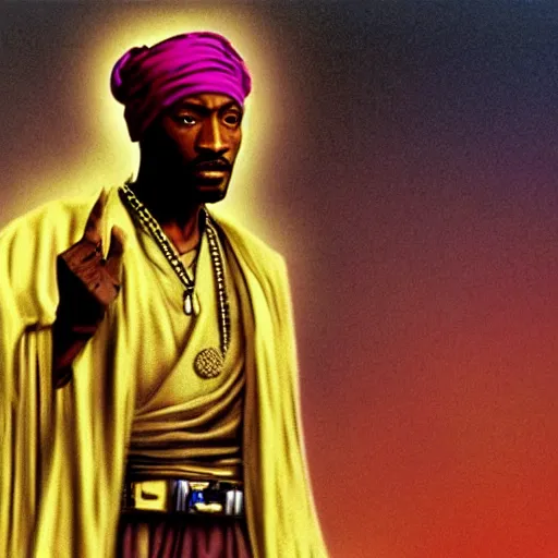 Image similar to Tupac Shakur as Mace Windu, highly detailed lucasfilm concept art from 1990s, 8k, movie still, high contrast